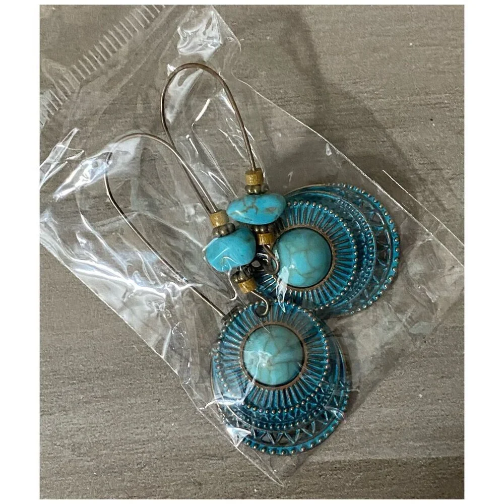 NEW Boho Festival Retro Round Turquoise Long Alloy Dangle Earrings